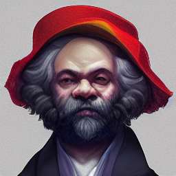 Karl Marx wearing a floppy red hat, as rendered by AI