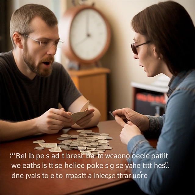 A man and a woman sitting at a table with coins and cards on it, maybe playing a game? There is a block of nonsense text.